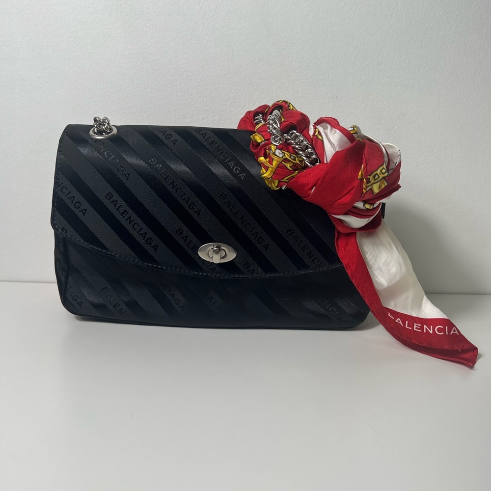 Balenciaga BB Satin Jacquard Black Logo Scarf Chain Shoulder Crossbody Bag Purse - Picture 5 of 13